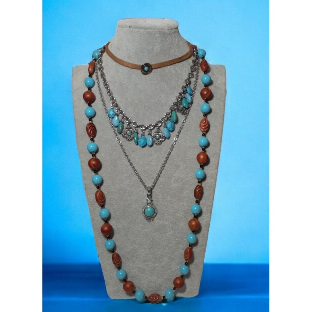 4 Boho Coordinating Necklaces Lot Assorted Lengths and Brands Blue Brown Vintage